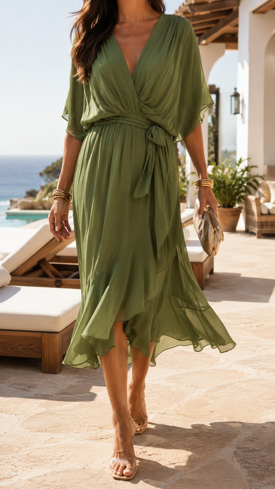 Eleni Robe Fluide Femme – Robe Élégante à Col Croisé avec Manches Vaporeuses