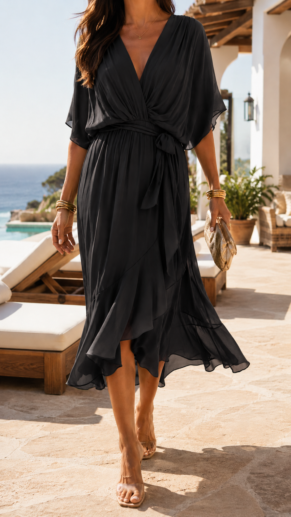 Eleni Robe Fluide Femme – Robe Élégante à Col Croisé avec Manches Vaporeuses