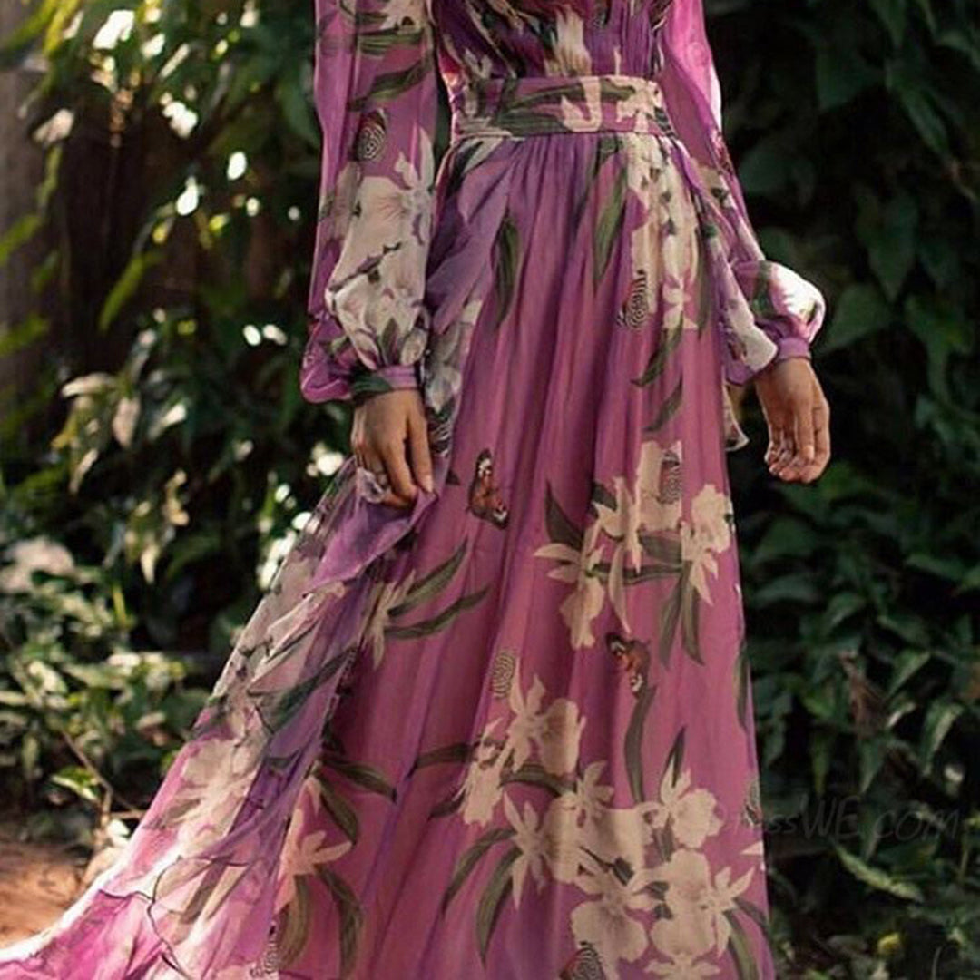 Violette Robe Maxi Femme – Imprimé Floral, Décolleté Élégant & Coupe Fluide