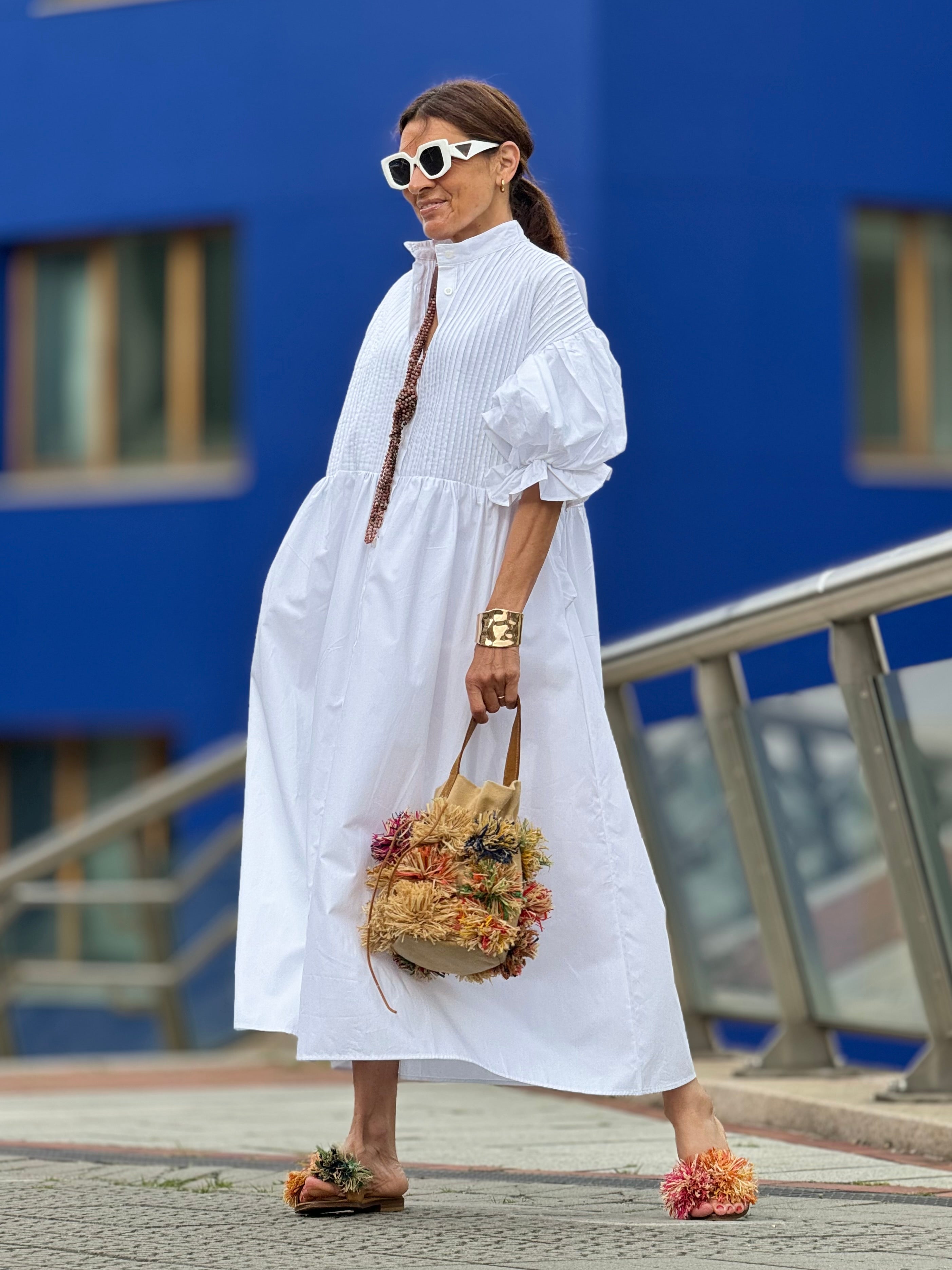 Vanessa Robe Longue en Coton – Robe Blanche Élégante avec Ceinture et Poches