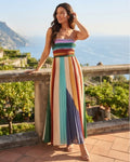 Vestido largo de mujer Bianca, sin tirantes, a rayas multicolores y con falda plisada fluida