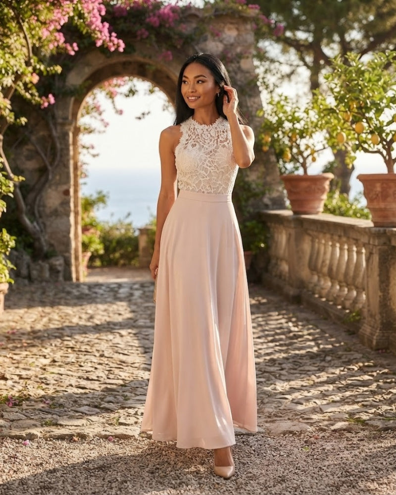 Esmée Elegant Women's Lace Maxi Dress with High Neck and Defined Waist
