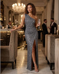 Aurélie Robe Maxi de Soirée à Paillettes Asymétrique avec Fente Élégante pour Femme
