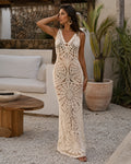 Giulia – Robe longue femme en crochet beige ajouré, élégante pour la plage d’été