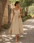 Isadora – Abito midi da donna beige con spalline sottili annodate e gonna ampia ed elegante