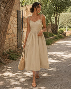 Isadora – Abito midi da donna beige con spalline sottili annodate e gonna ampia ed elegante