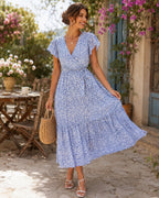 Léonie – Robe midi femme bleue fleurie à col V et manches volantées, coupe fluide