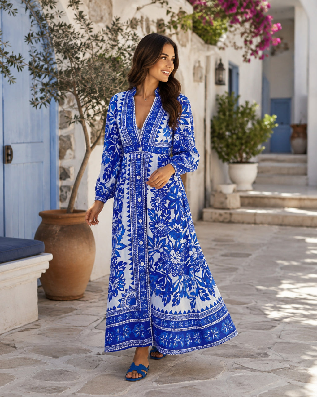 Marina – Abito lungo da donna blu e bianco con scollo a V, maniche lunghe e stampa raffinata