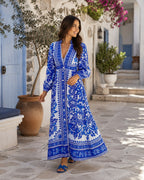 Marina – Abito lungo da donna blu e bianco con scollo a V, maniche lunghe e stampa raffinata