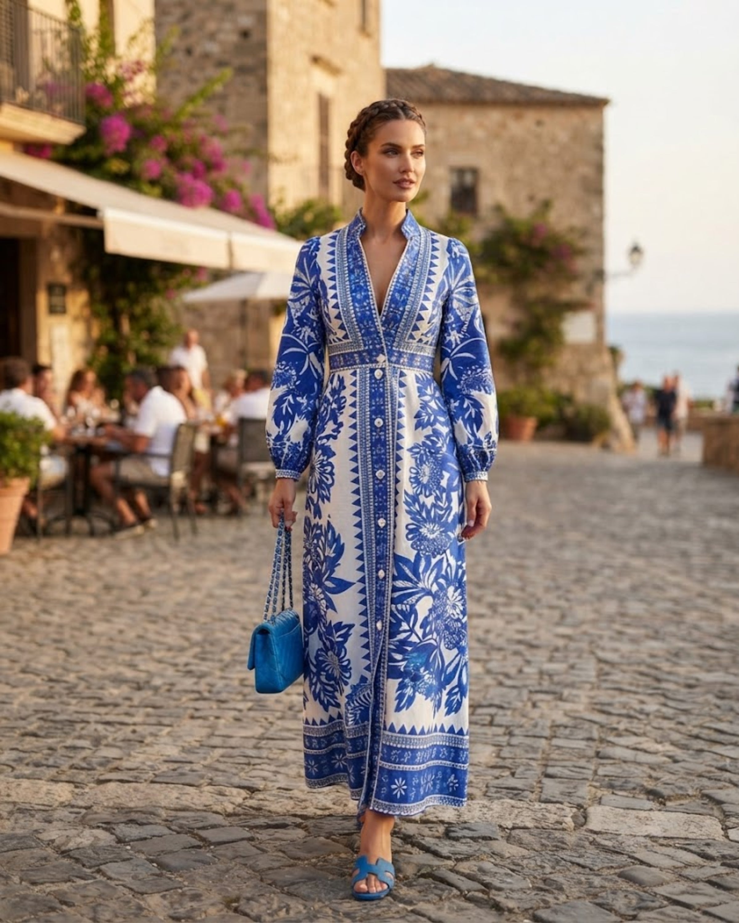 Marina – Abito lungo da donna blu e bianco con scollo a V, maniche lunghe e stampa raffinata