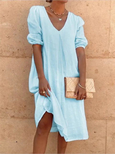 Colette Robe Midi Femme – Robe Fluide à Col V avec Manches Bouffantes Élégantes