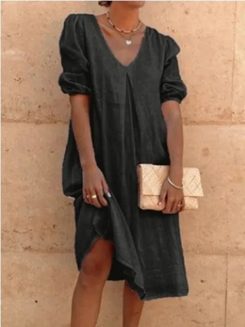 Colette Robe Midi Femme – Robe Fluide à Col V avec Manches Bouffantes Élégantes