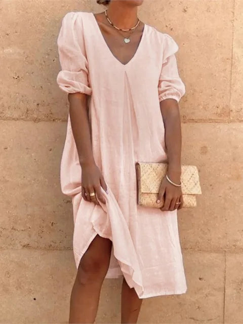 Colette Robe Midi Femme – Robe Fluide à Col V avec Manches Bouffantes Élégantes