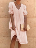 Colette Robe Midi Femme – Robe Fluide à Col V avec Manches Bouffantes Élégantes