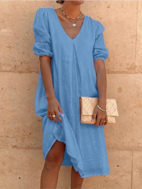 Colette Robe Midi Femme – Robe Fluide à Col V avec Manches Bouffantes Élégantes