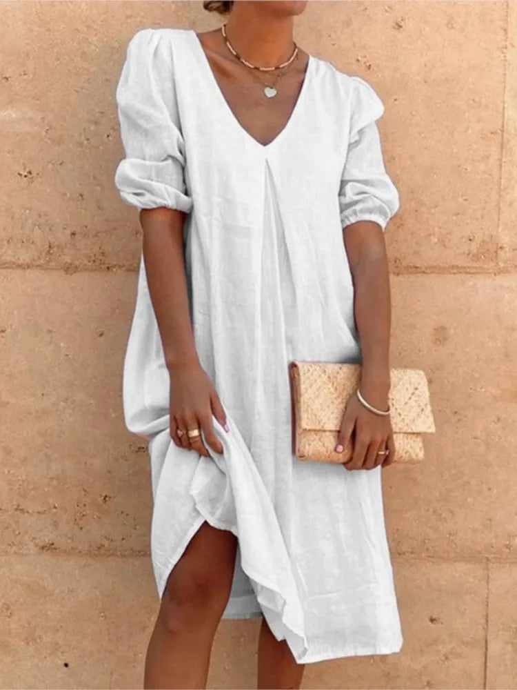 Colette Robe Midi Femme – Robe Fluide à Col V avec Manches Bouffantes Élégantes