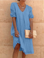 Colette Robe Midi Femme – Robe Fluide à Col V avec Manches Bouffantes Élégantes