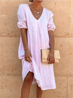 Colette Robe Midi Femme – Robe Fluide à Col V avec Manches Bouffantes Élégantes
