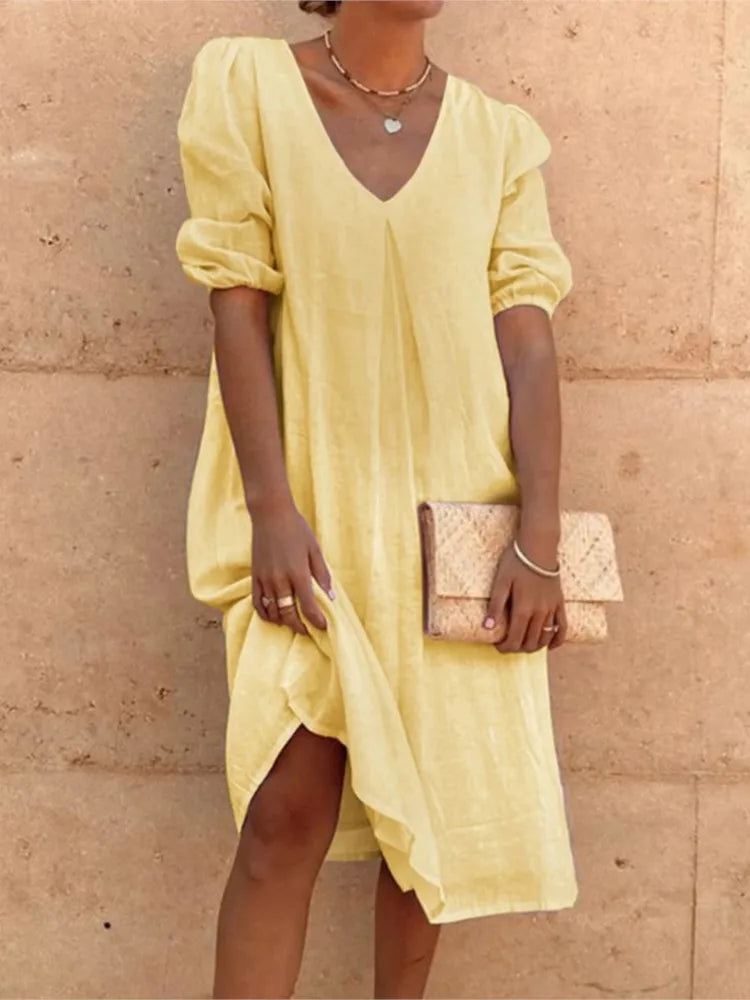Colette Robe Midi Femme – Robe Fluide à Col V avec Manches Bouffantes Élégantes