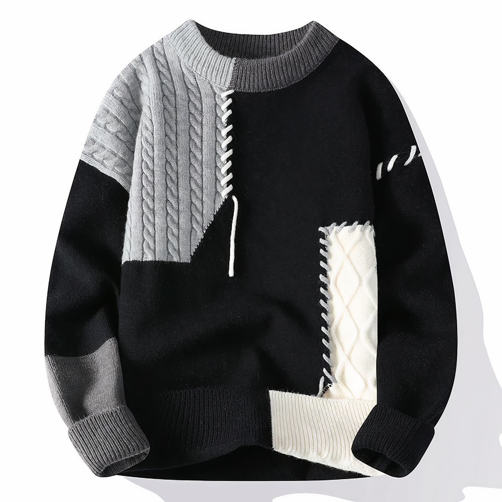 Adrien Pull Homme – Maille Patchwork Douce, Col Rond & Style Automne/Hiver