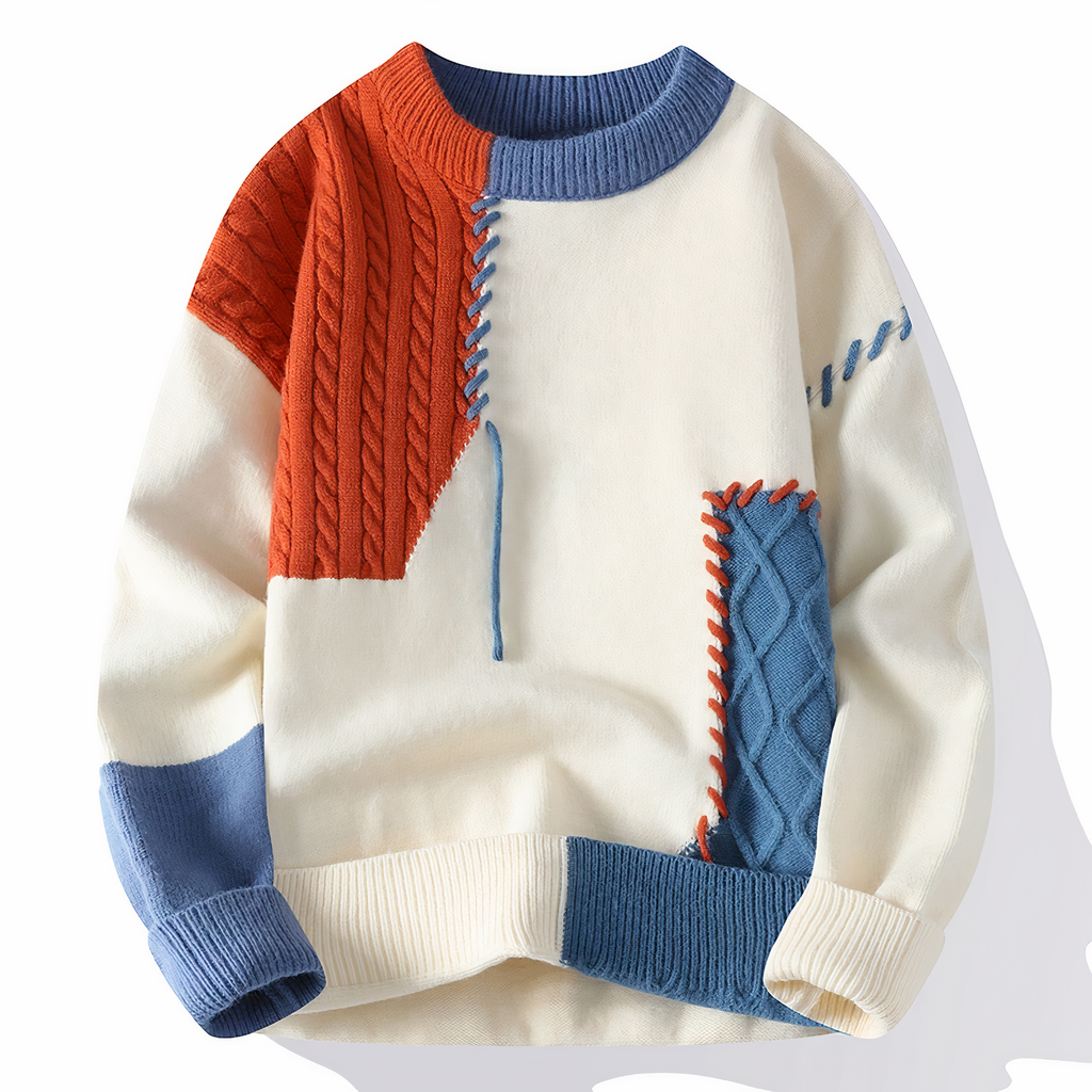 Adrien Pull Homme – Maille Patchwork Douce, Col Rond & Style Automne/Hiver
