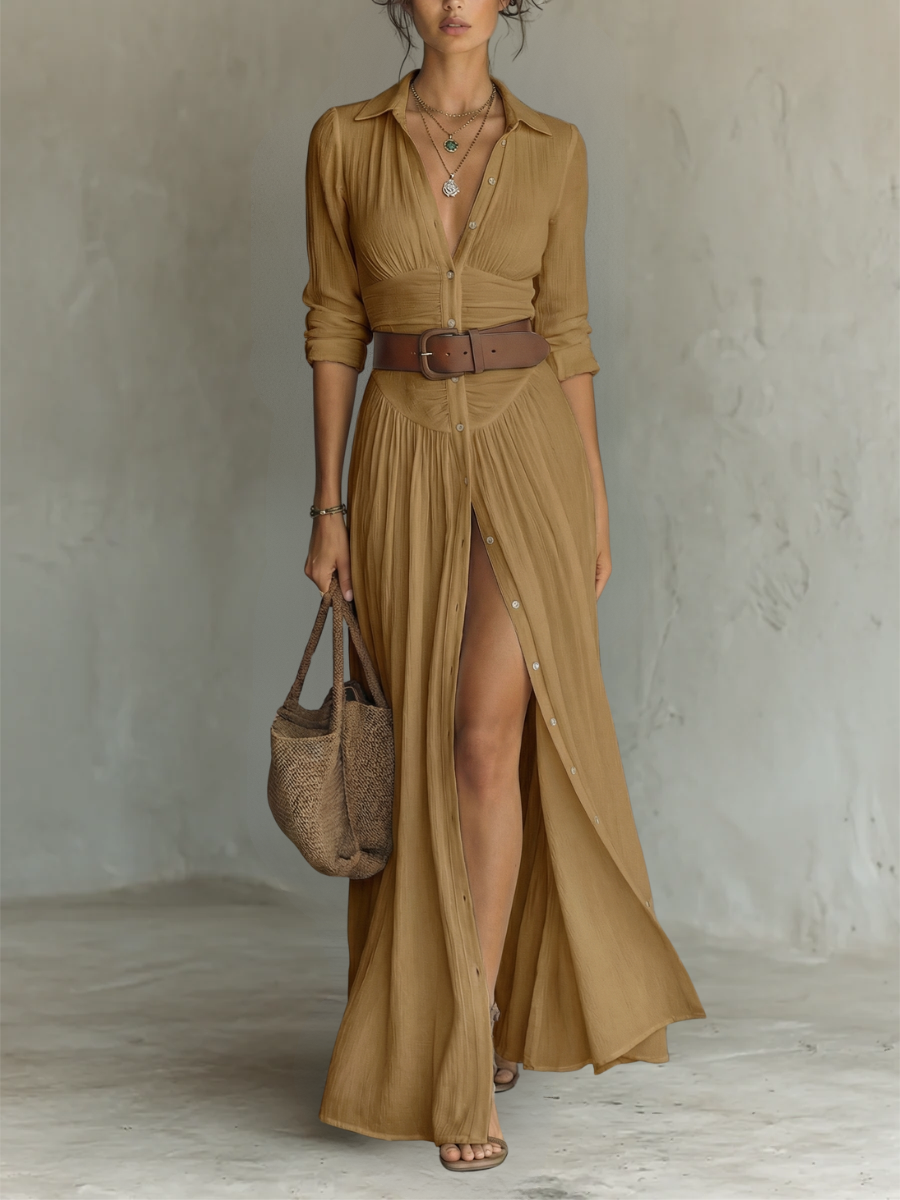 Patricia Robe Maxi en Coton – Robe Plissée Élégante à Col V et Manches Longues