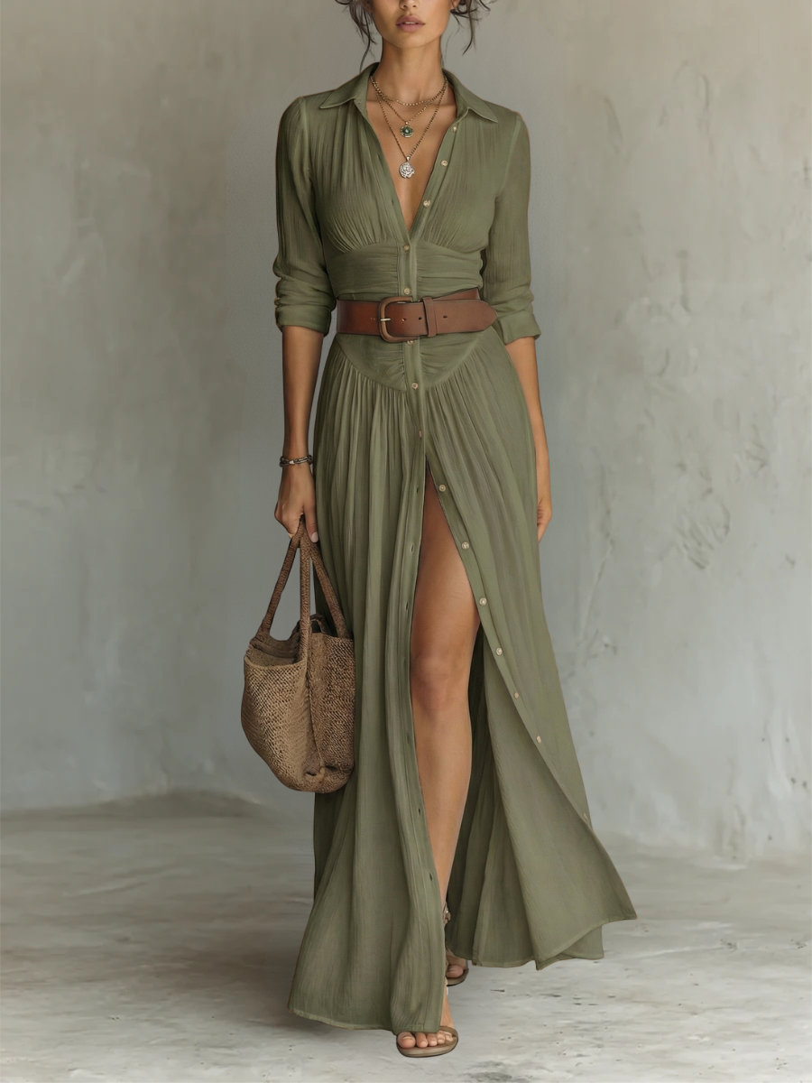 Patricia Robe Maxi en Coton – Robe Plissée Élégante à Col V et Manches Longues