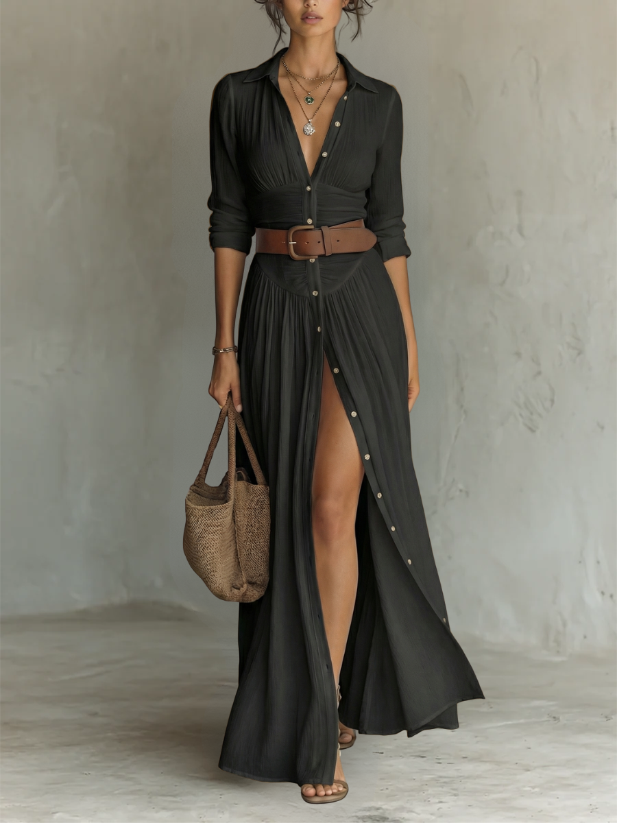 Patricia Robe Maxi en Coton – Robe Plissée Élégante à Col V et Manches Longues