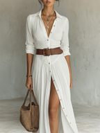 Samantha Robe Maxi en Coton – Robe Élégante Plissée à Col V et Manches Longues