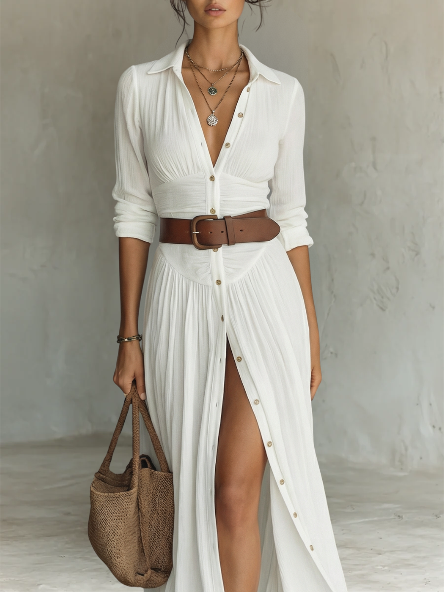 Samantha Robe Maxi en Coton – Robe Élégante Plissée à Col V et Manches Longues