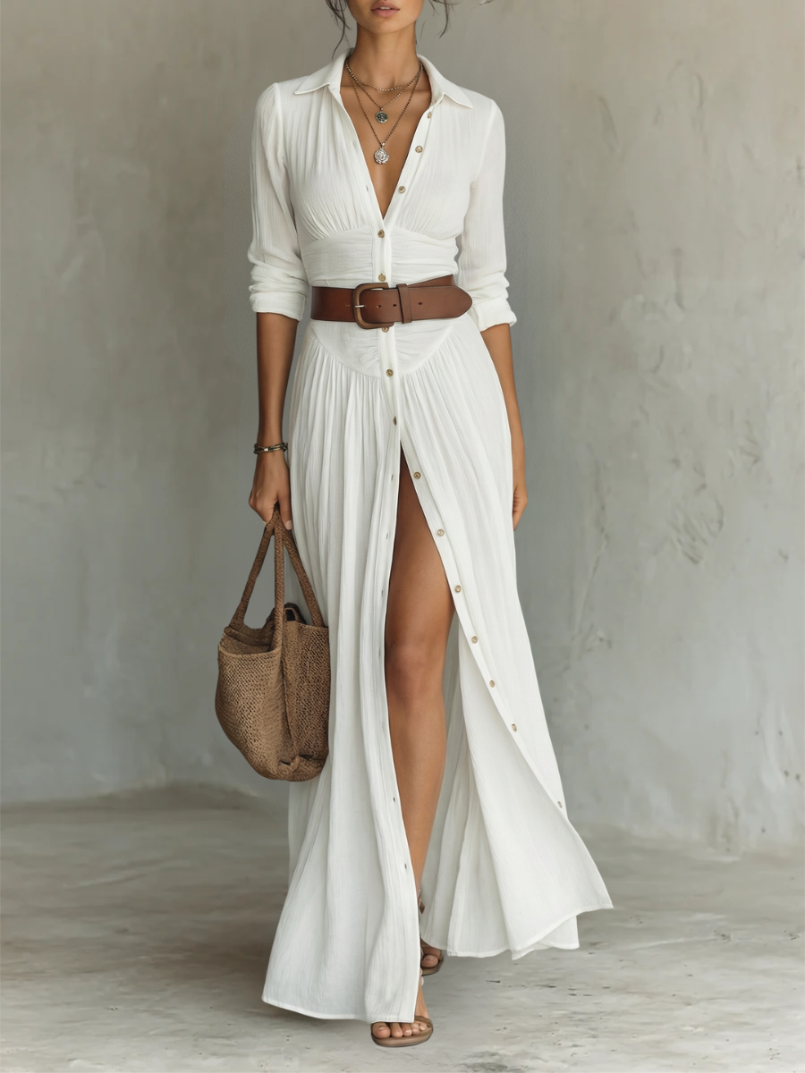 Patricia Robe Maxi en Coton – Robe Plissée Élégante à Col V et Manches Longues