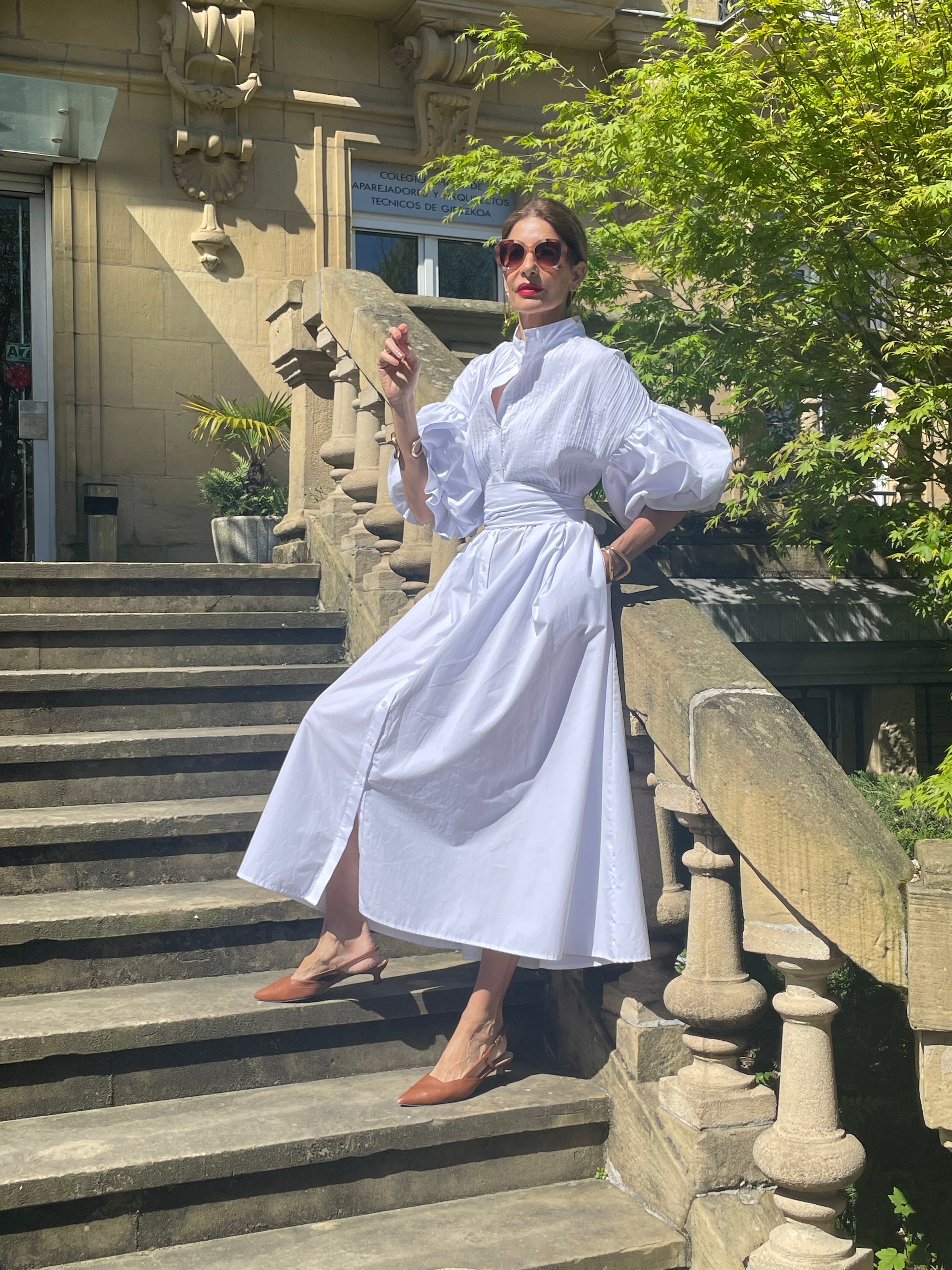 Vanessa Robe Longue en Coton – Robe Blanche Élégante avec Ceinture et Poches