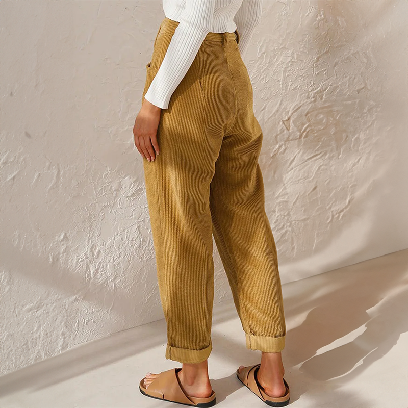 Colette Pantalon Femme en Velours Côtelé – Taille Haute avec Coupe Ample Élégante