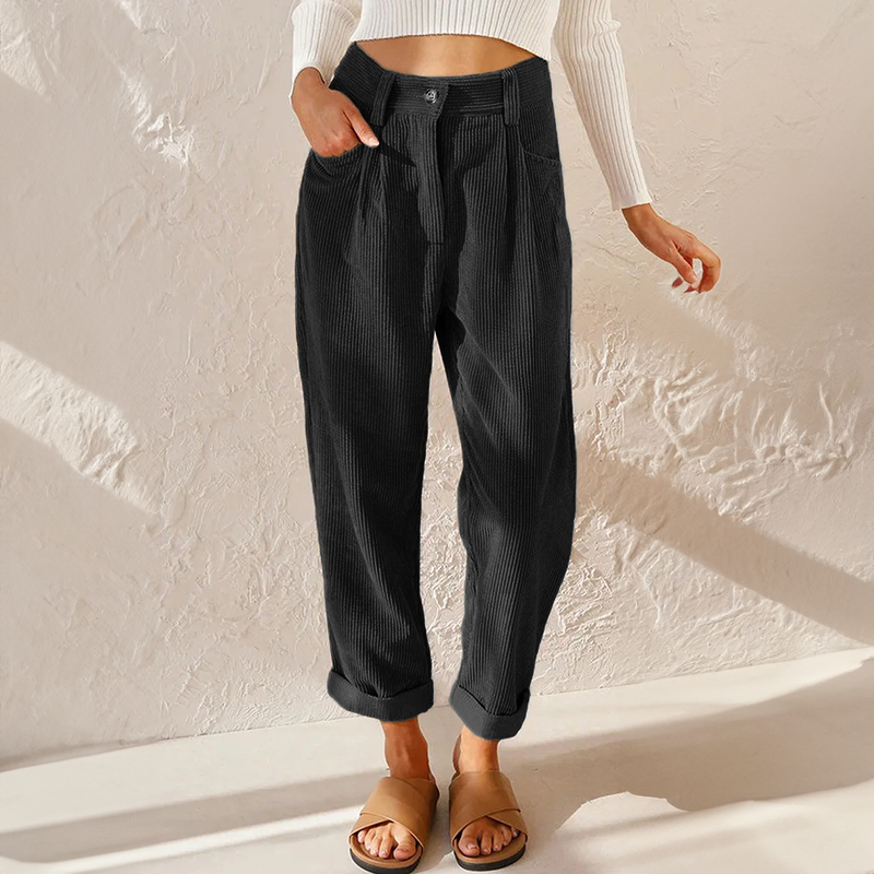 Colette Pantalon Femme en Velours Côtelé – Taille Haute avec Coupe Ample Élégante