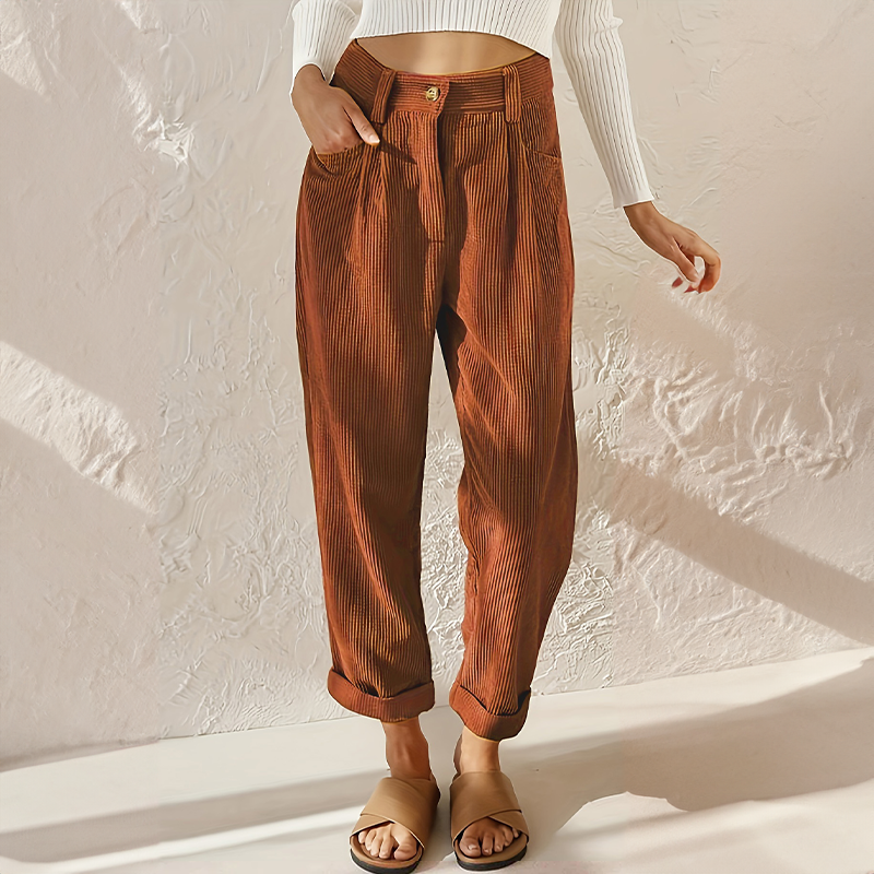 Colette Pantalon Femme en Velours Côtelé – Taille Haute avec Coupe Ample Élégante