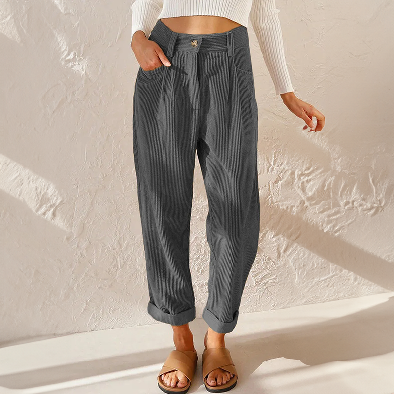 Colette Pantalon Femme en Velours Côtelé – Taille Haute avec Coupe Ample Élégante