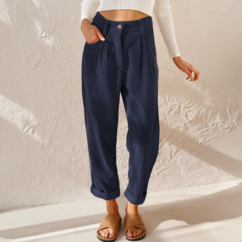 Colette Pantalon Femme en Velours Côtelé – Taille Haute avec Coupe Ample Élégante