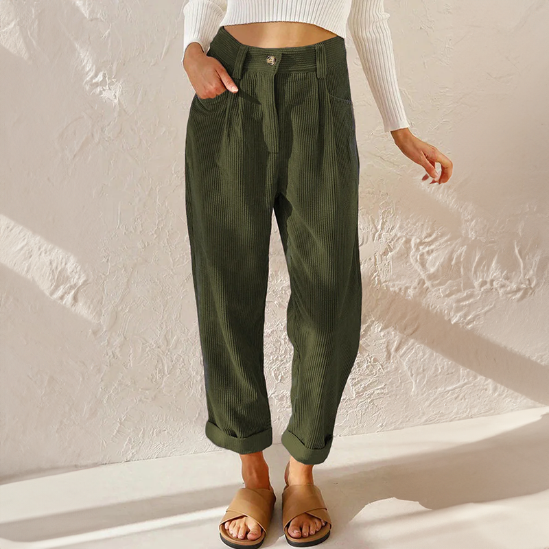 Colette Pantalon Femme en Velours Côtelé – Taille Haute avec Coupe Ample Élégante