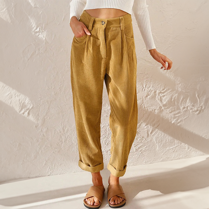 Colette Pantalon Femme en Velours Côtelé – Taille Haute avec Coupe Ample Élégante