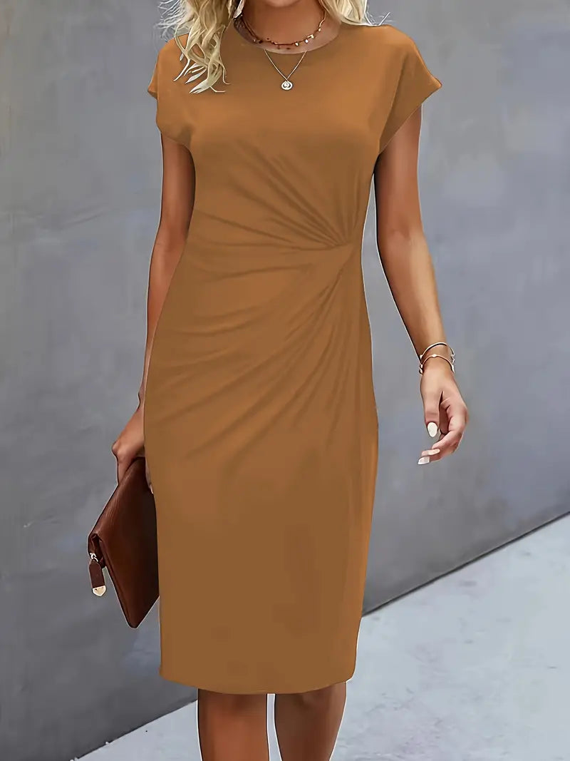 Isolde Robe Midi Femme – Coupe Ajustée Élégante avec Détail Drapé à la Taille