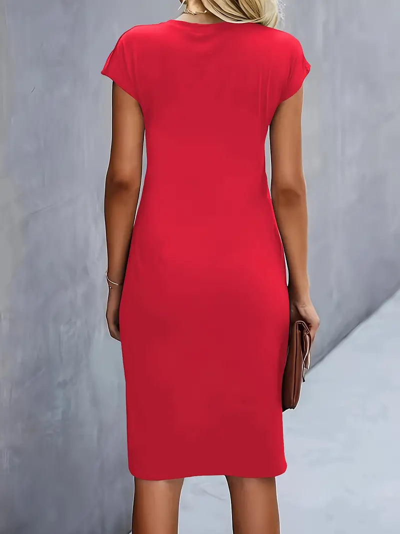 Isolde Women's Midi Dress – Elegant Fitted Cut with Draped Detail at the Waist