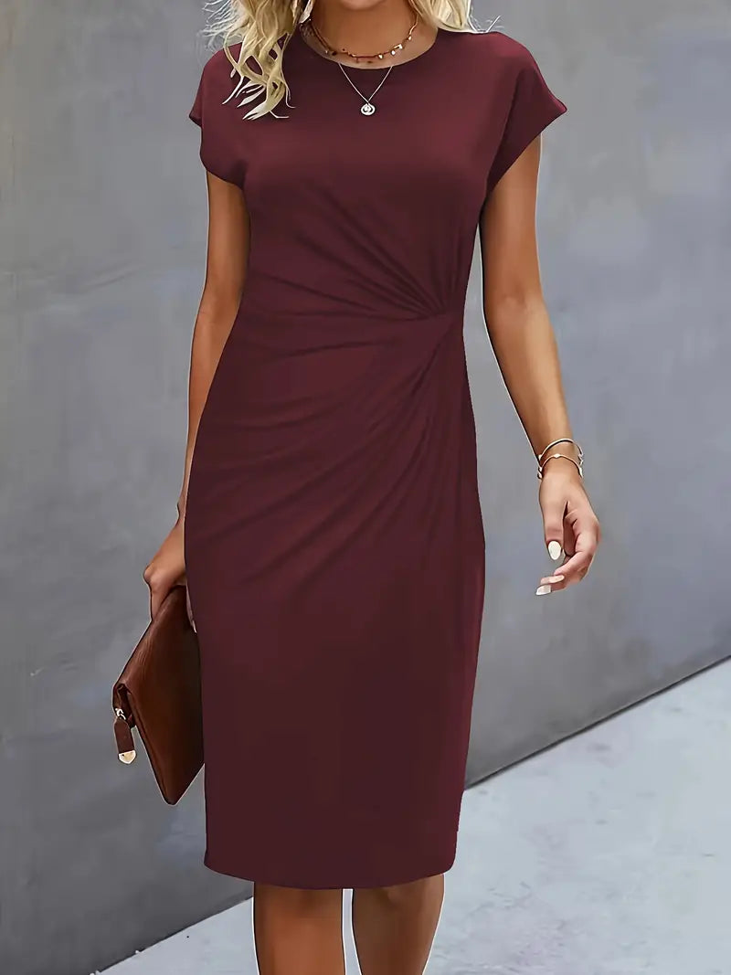 Isolde Women's Midi Dress – Elegant Fitted Cut with Draped Detail at the Waist