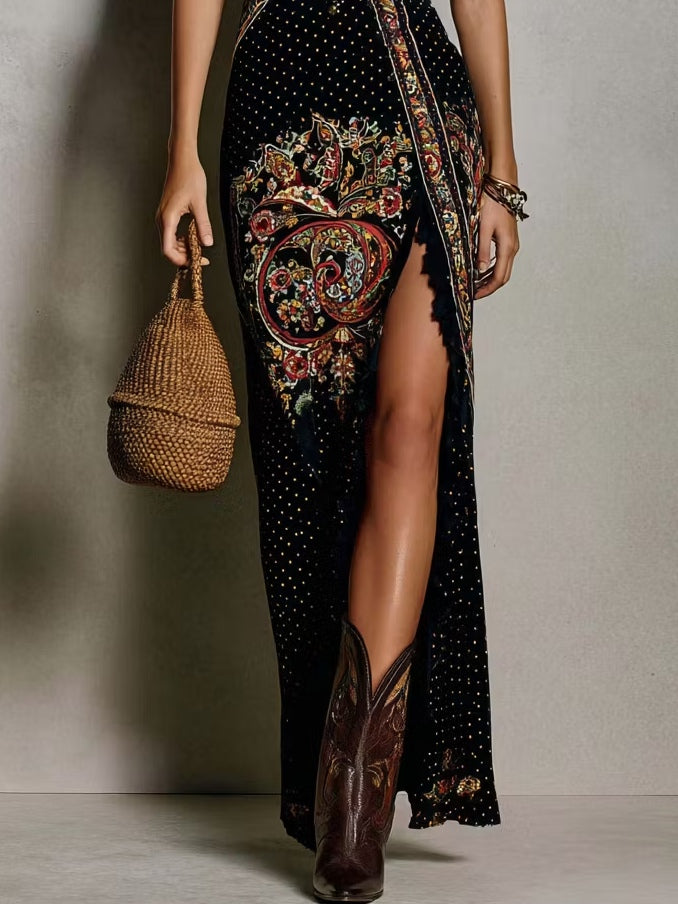 Francine Robe Maxi Bohème – Robe Fendue à Imprimé Ethnique et Décolleté Plongeant