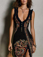 Francine Robe Maxi Bohème – Robe Fendue à Imprimé Ethnique et Décolleté Plongeant