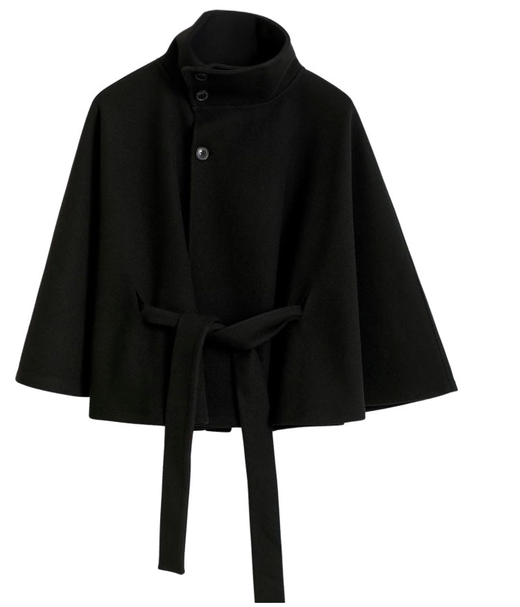 Solène Cape Femme – Cape en Laine Mélangée avec Col Montant et Ceinture Élégante