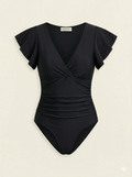 Faustine Maillot de Bain Femme – Maillot Une Pièce à Col V avec Manches Volantées