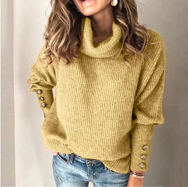 Louna Pull Femme – Col Roulé Doux, Détails Boutons & Coupe Confortable