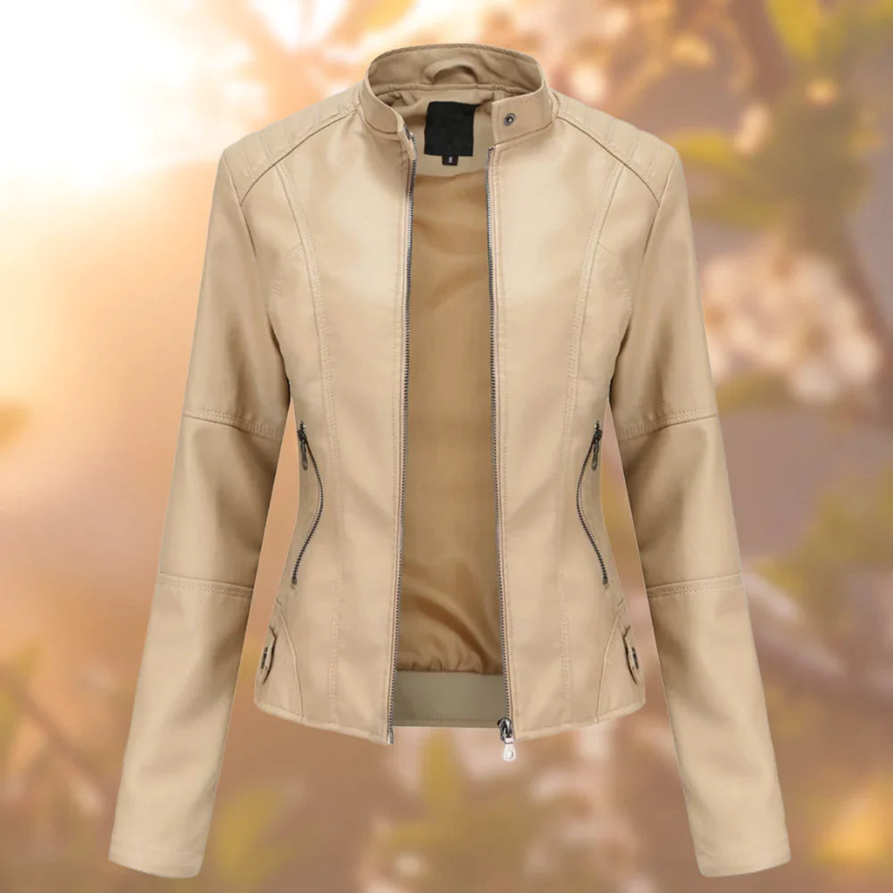 Hailey Veste Femme en Cuir – Blouson Slim à Fermeture Zippée avec Col Montant Élégant