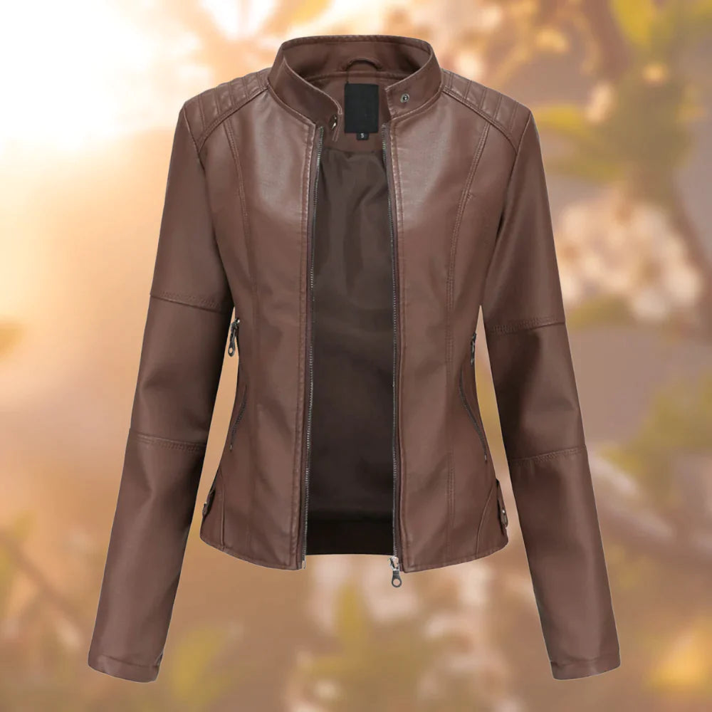 Hailey Veste Femme en Cuir – Blouson Slim à Fermeture Zippée avec Col Montant Élégant