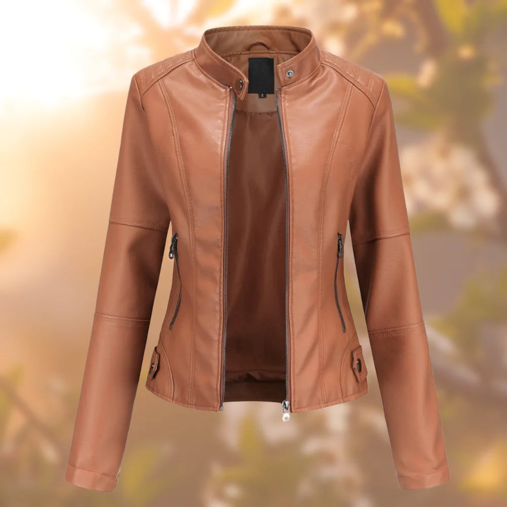 Hailey Veste Femme en Cuir – Blouson Slim à Fermeture Zippée avec Col Montant Élégant